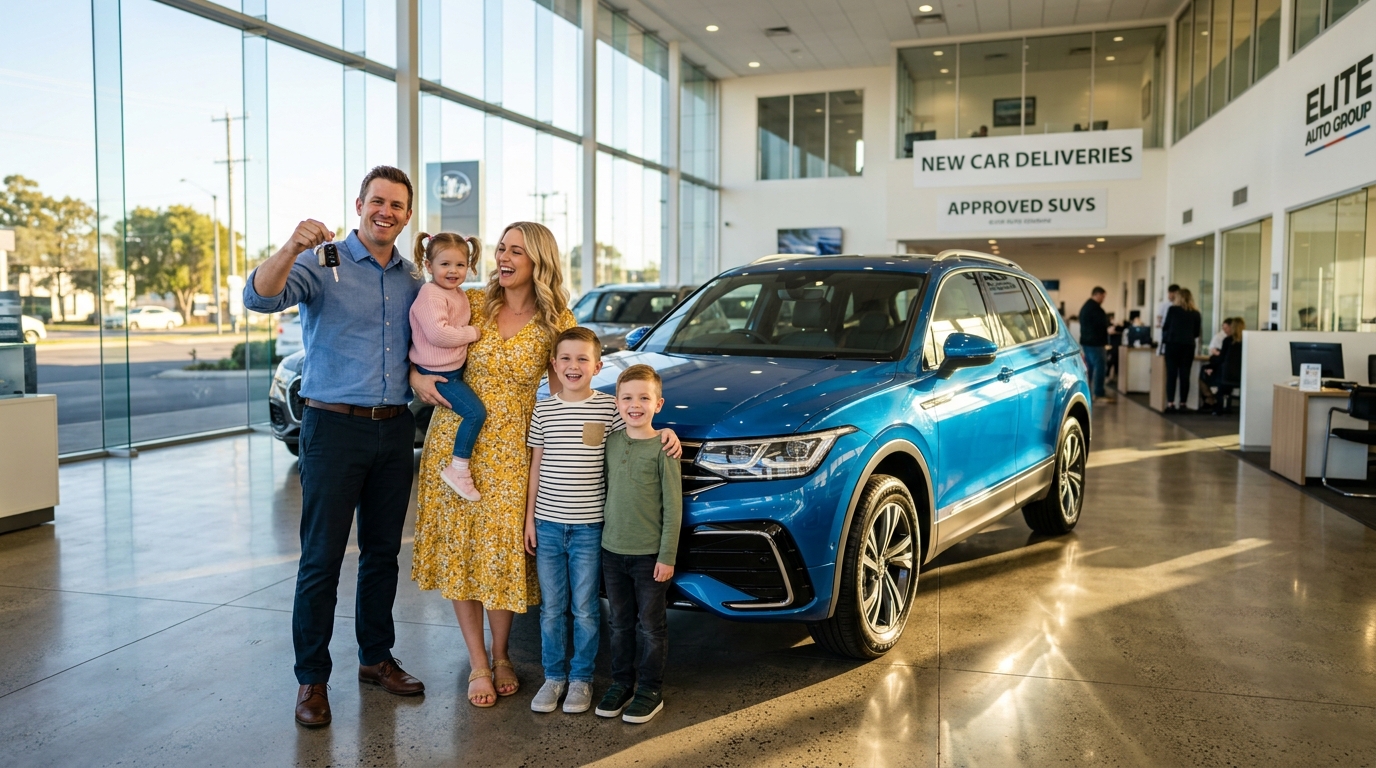 משפחה מאושרת מקבלת מפתחות לרכב SUV משפחתי כחול וחדש באולם תצוגה של סוכנות רכב