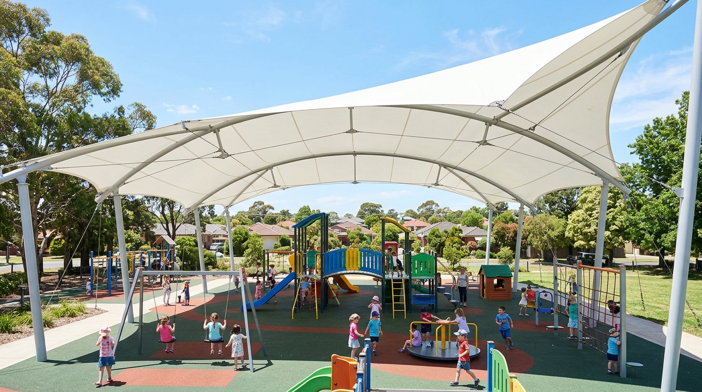 ילדים משחקים בגן שעשועים ציבורי עם מגוון מתקנים תחת סככת הצללה ענקית מבד מתיחה לבן